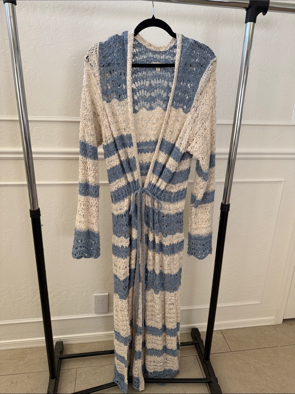 Pilcro Open-Weave Crochet Cardigan in Light Blue and Cream